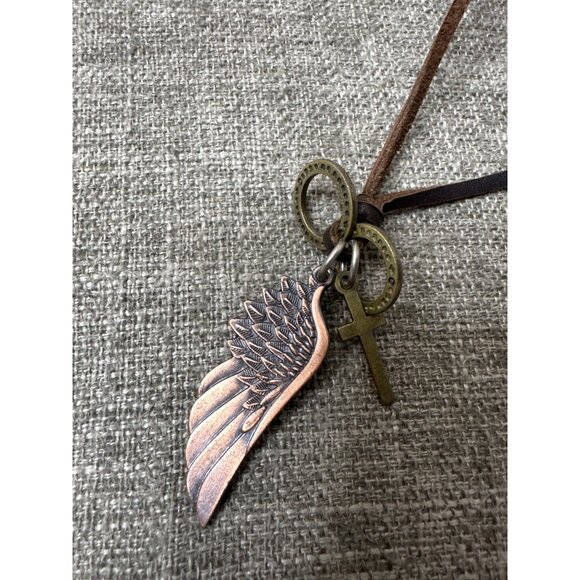 Great American Angel Wing & Cross Charm Leather Cord Necklace - Picture 2 of 6